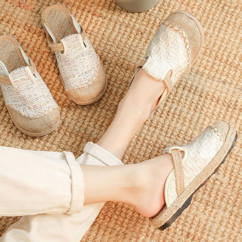 Женские простые модные туфли на плоской подошве без застежек в этническом стиле, удобные льняные тапочки