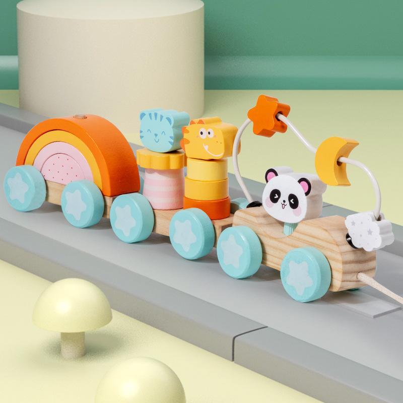 Baby Wooden Drag Toddler Train Animal Rainbow Brick Shape Matching Column Tractor Educational Toys