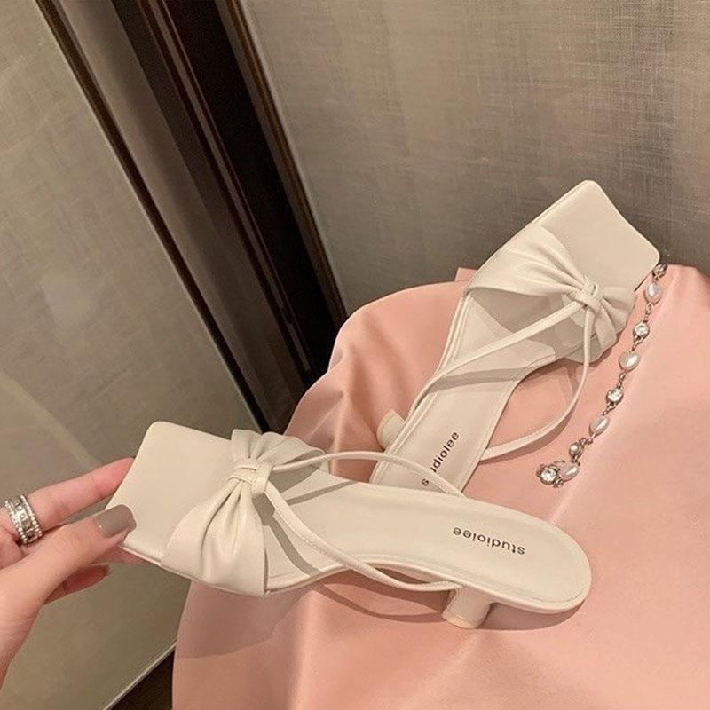 Модные тонкие ремешки с бантом, квадратный носок, средний каблук, летние туфли для женщин, элегантные однотонные слипоны, босоножки женские