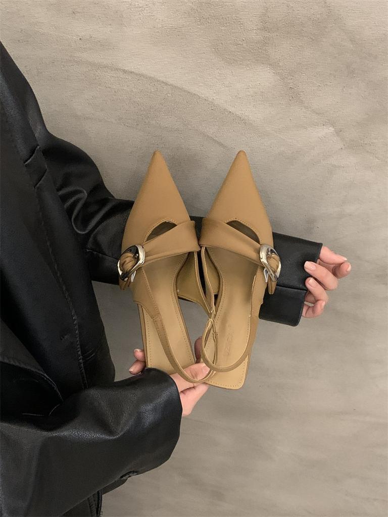 Black Bag Head Sandals Thin Heels Women's Shoes New Temperament Socialite Pointed Head Shallow Mouth High Heel Empty Shoes