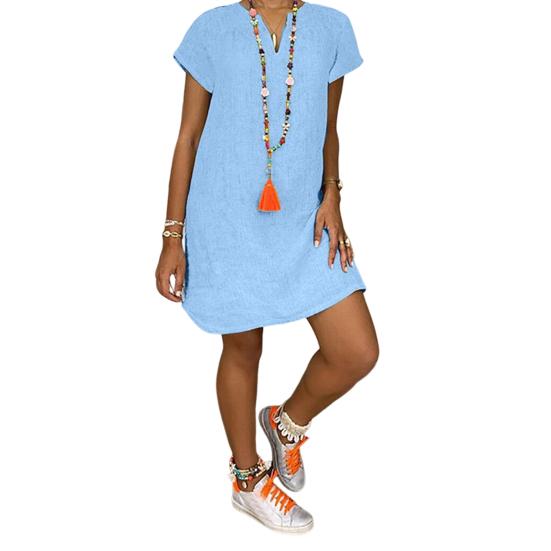 Летнее платье с V-образным вырезом и разрезом на подоле, свободное нерегулярное платье с короткими рукавами, сплошной цвет, пуловер длиной до колена, повседневная повседневная одежда, платье миди