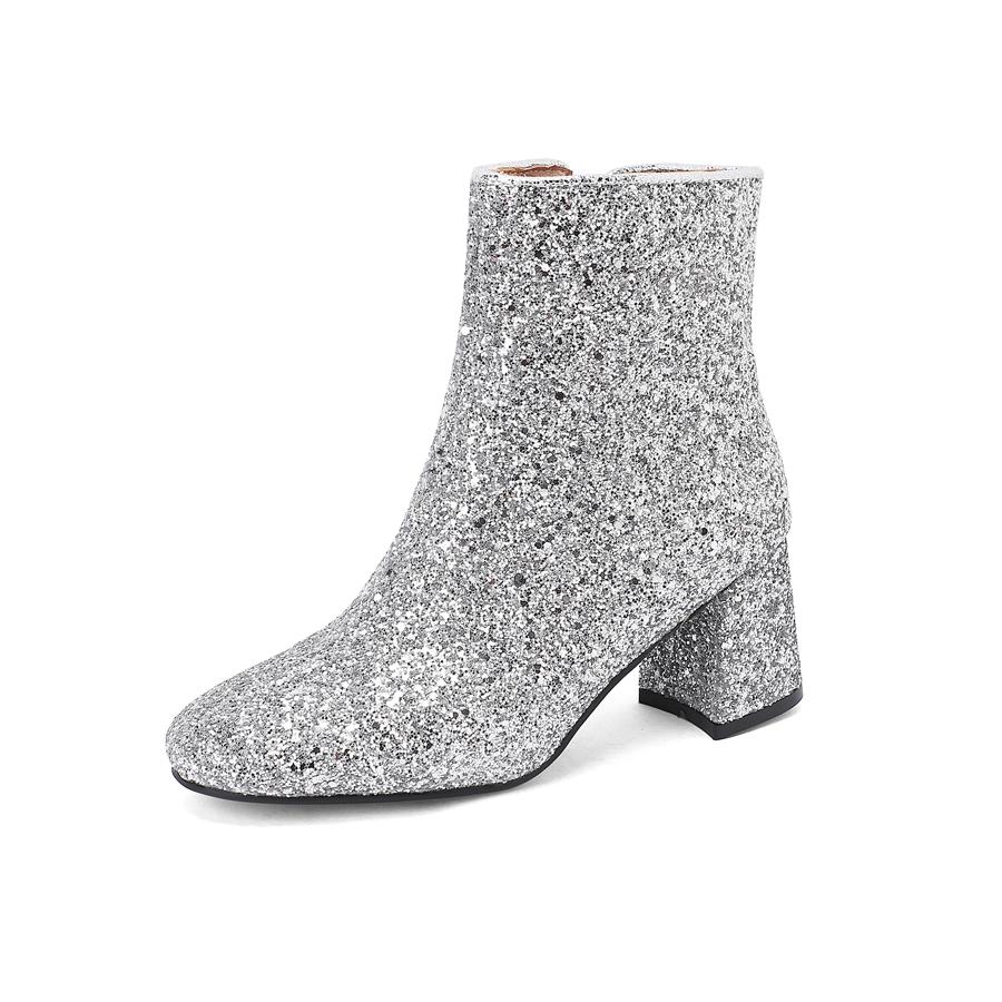 Большие размеры 48 49 50 золотисто-серебристо-голубые блестящие зимние туфли из ткани с блестками женские туфли на высоком толстом каблуке ботильоны челси для вечеринки