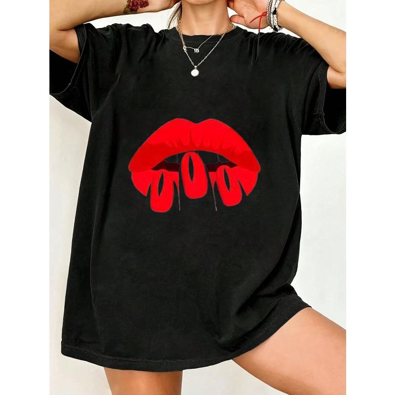 Oversized T Shirt Black Red Lips With Text Gogo Casual Wear For Women Summer Fashion Statement Top Street Style Outfit