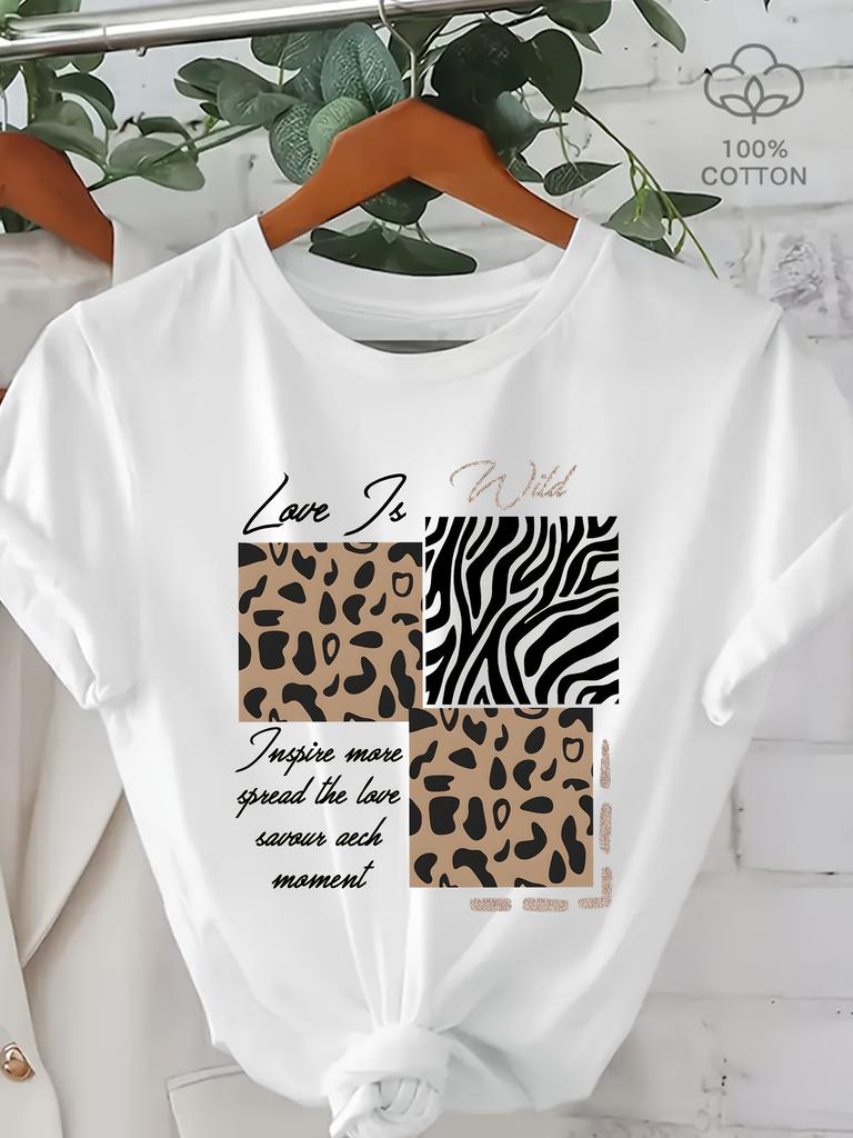 Letter Leopard Pattern Print Casual Summer Women's Versatile Short Sleeve T-Shirt Women Clothing Vintage Clothes Y2k Top