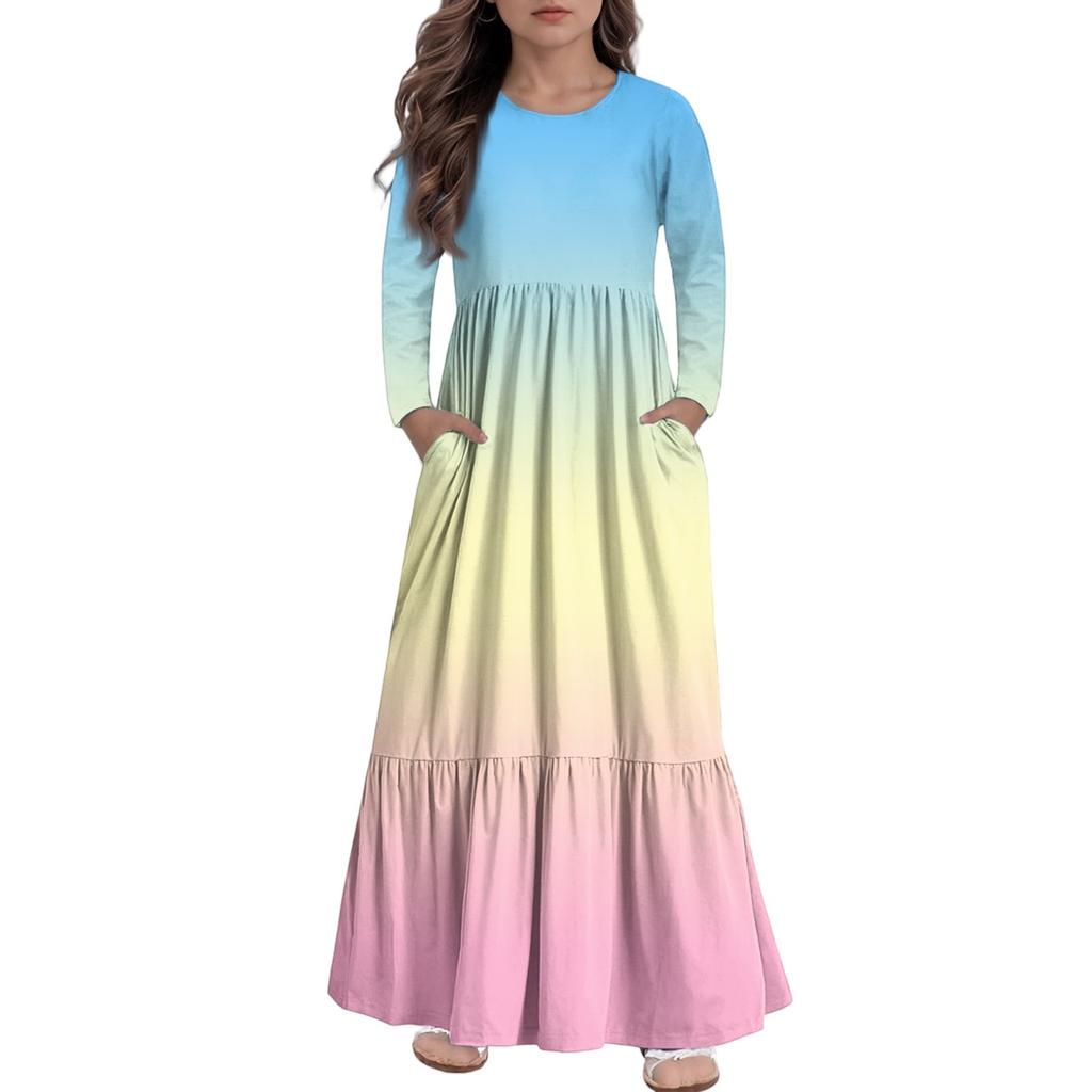 Girls' Maxi Dress Casual Holiday Dresses - Long Sleeve Dress With Pockets For 4-14Y