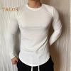 Мужской спортивный топ Slim Fit Высокая эластичность Полосатая текстура Круглый вырез Быстросохнущий Длинные рукава Slim Fit Компрессионный Коррекция фигуры Тренажерный зал Бег