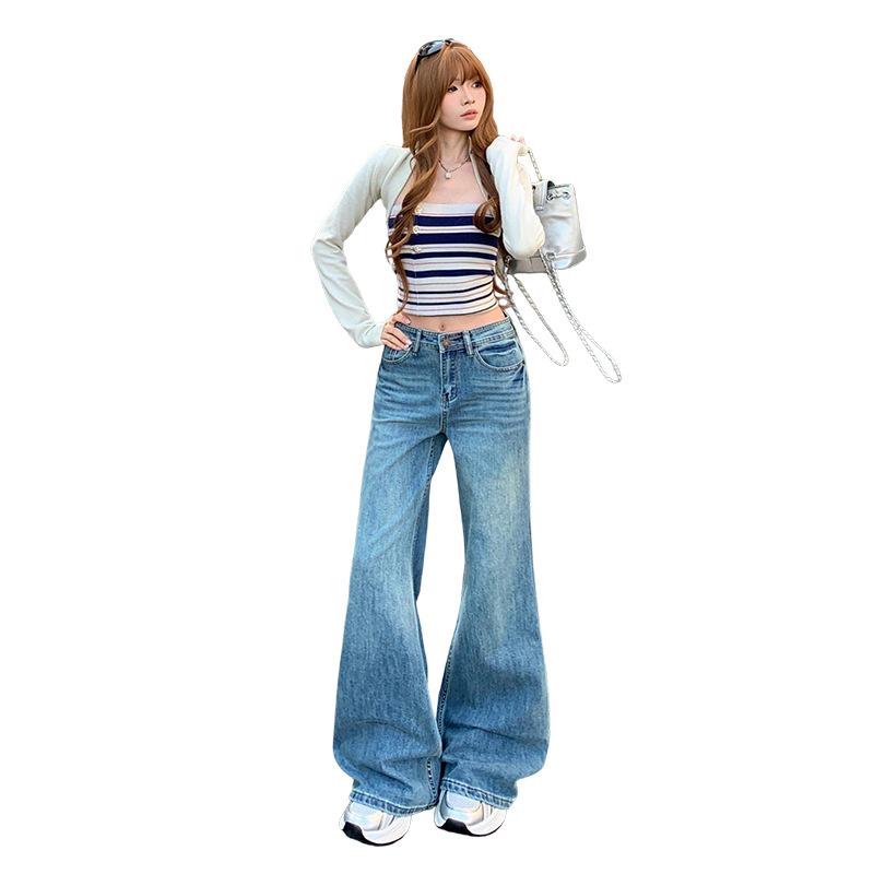Retro micro-pull jeans women's new spring high-waisted loose-fitting legs and thin versatile wide-leg flared pants