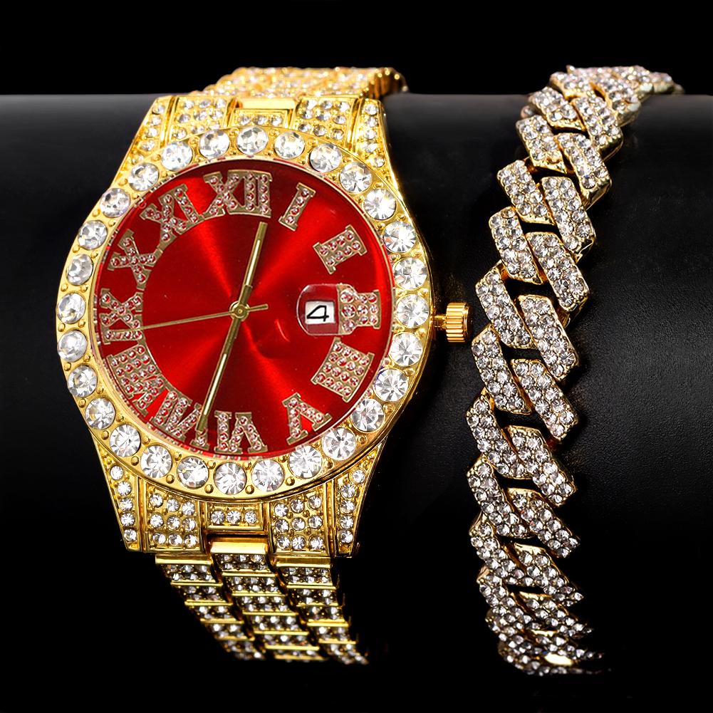 Мужской браслет-цепочка в стиле хип-хоп с кубинскими звеньями и наручными часами, блестящая цепочка со льдом, полный горный хрусталь, хрустальные браслеты, ювелирные изделия