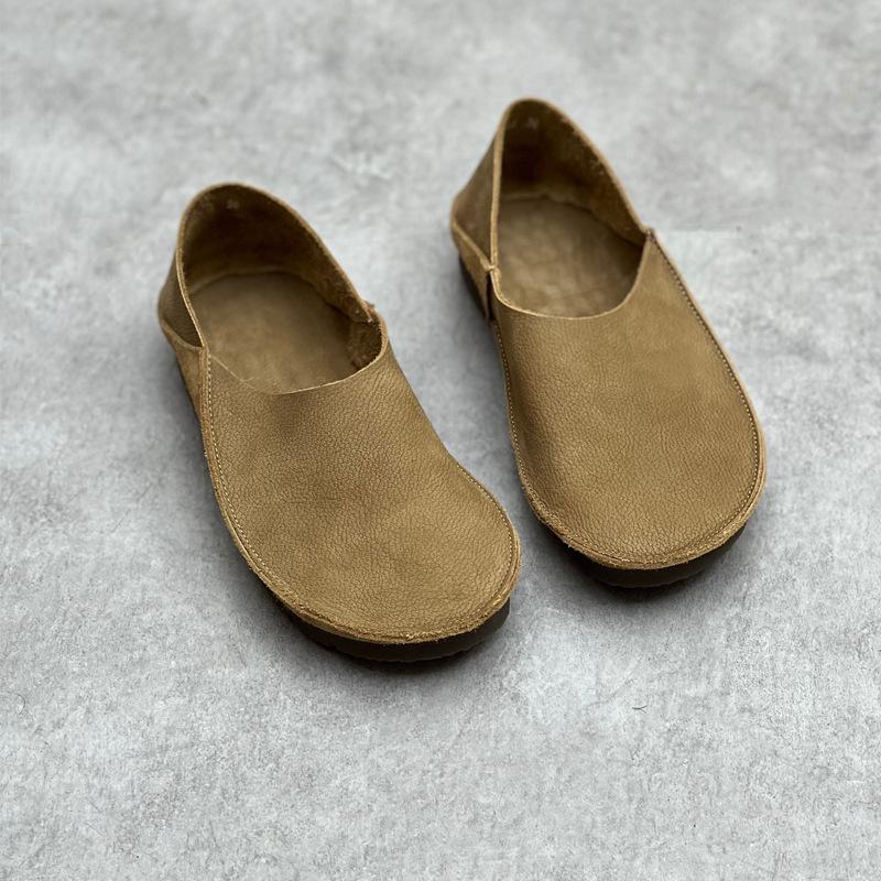 Retro Women Genuine Leather Shallow Flats Shoes Handmade Soft Sole Casual Round Toe Solid Color Loafers