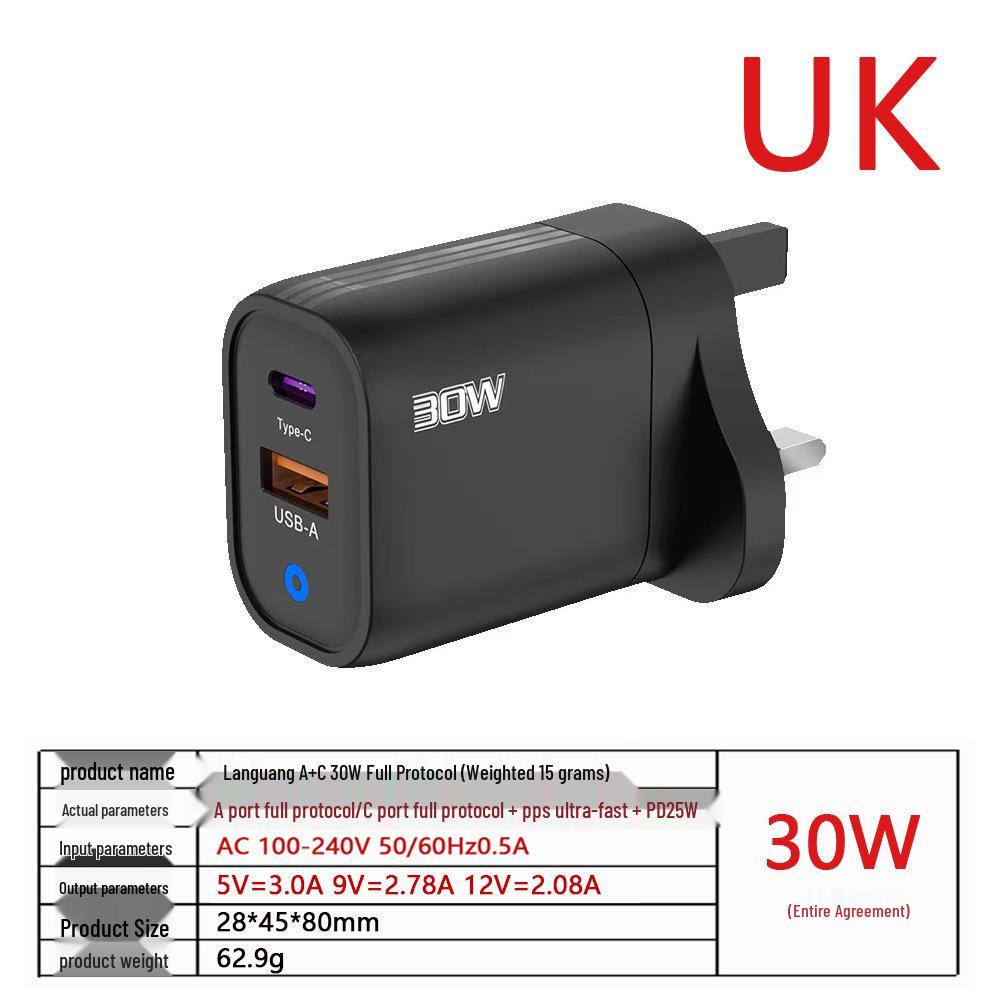 Сверхбыстрое зарядное устройство PD30W со светодиодной подсветкой - EU/US/UK Мобильное зарядное устройство для всех протоколов
