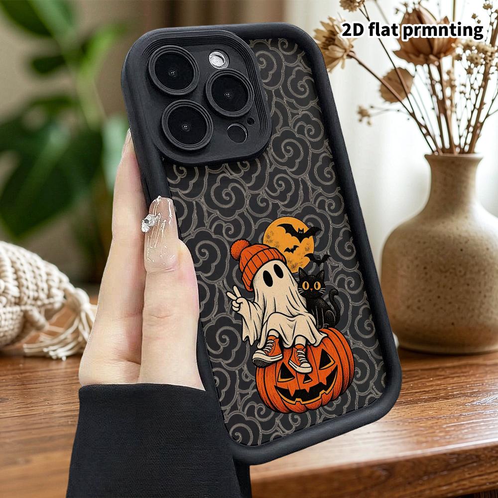 Phone Case: 2D flat design suitable for iPhone 18 17 16 15 14 13 Pro protective case, unisex, ghost and black cat, Christmas and Halloween gift