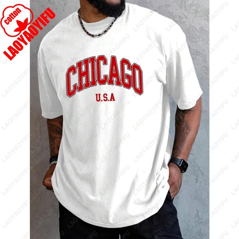 Mens Cotton Chicago Bold Letter Graphic TShirt Summer 2025 Streetwear Casual Loose Fit Unisex Round Neck Printed Tshirt Tops