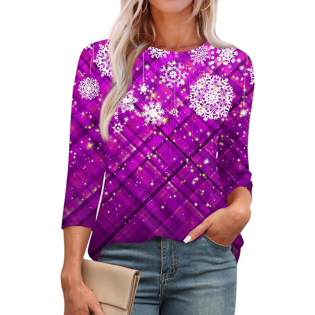 Женская модная футболка с круглым вырезом и рукавом 3/4 с принтом, повседневная, базовая, плиссированная, пуловер