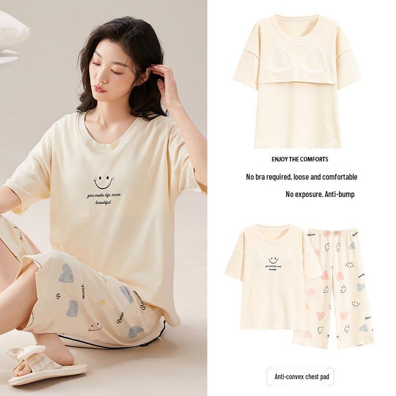 Женский летний капри-пижамный комплект 2025: Тонкий хлопок с коротким рукавом и нагрудными вкладышами, универсальный для ношения дома или на улице