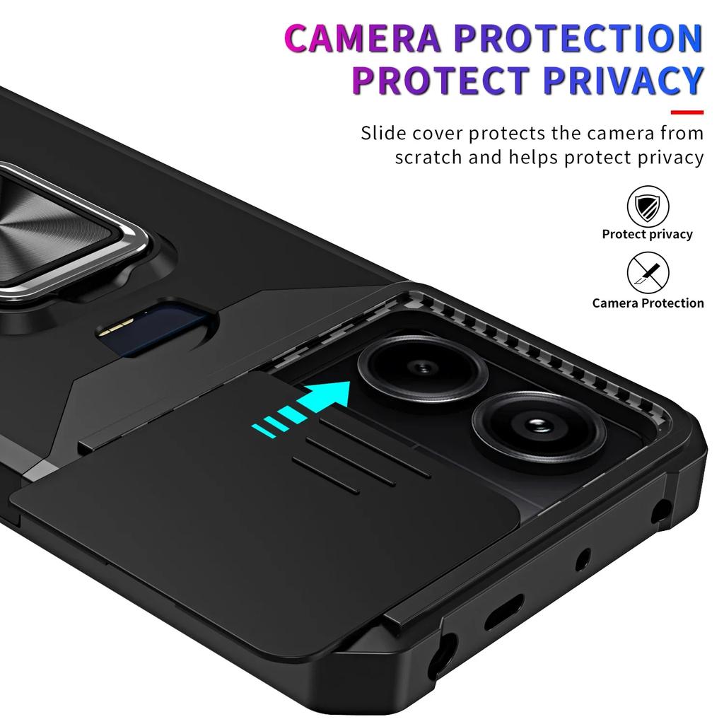 Чехол для Xiaomi Redmi Note 14 13 12 Pro Plus 13C 14C 4G 5G Сдвижная крышка камеры Держатель для карт Кошелек Защитный С кольцом Подставка Чехол