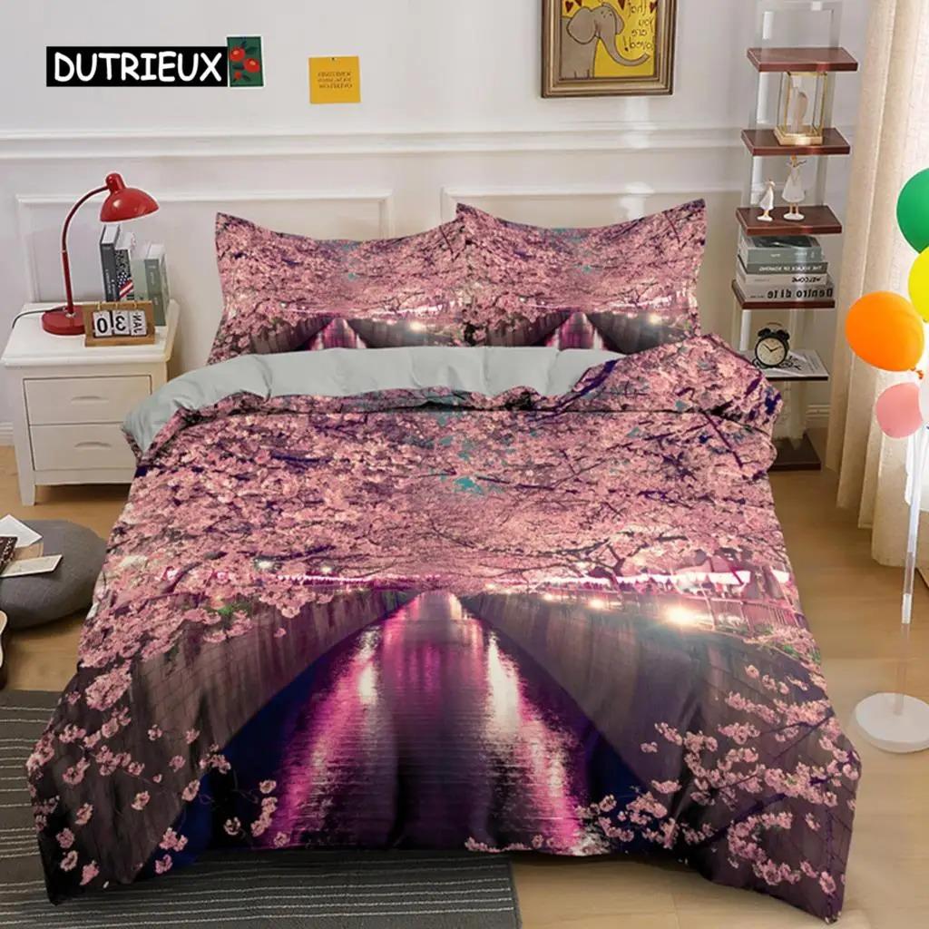 Plum Blossom Duvet Cover Collection King Pink Flower Quilt Cover For Girls Microfiber Branches Printed Bedding Collection