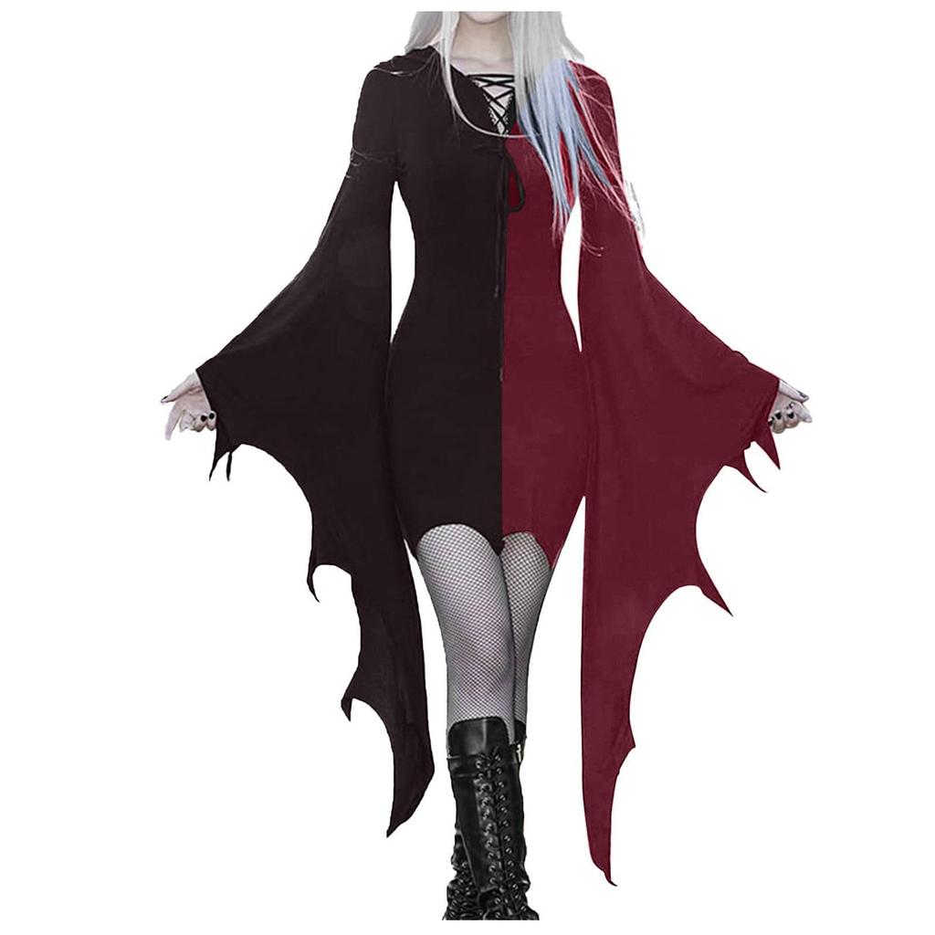 Women's Fashion Gothic Punk Patchwork Colour Wide Sleeve Strappy Dresses