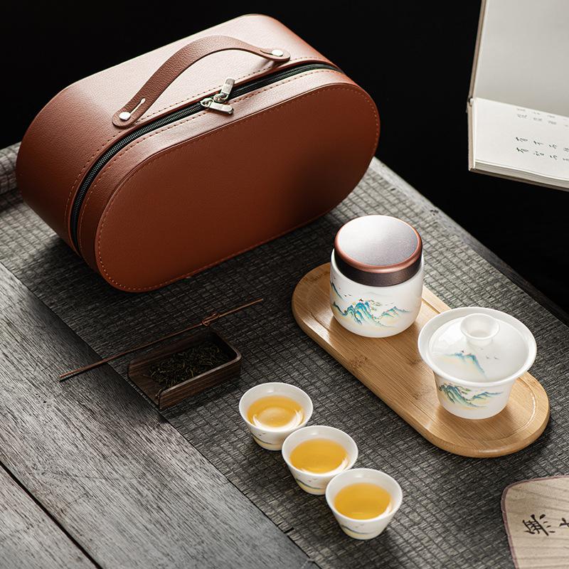 Suet jade white porcelain portable travel tea set small set kung fu cover bowl express cup one pot three cups with tea can