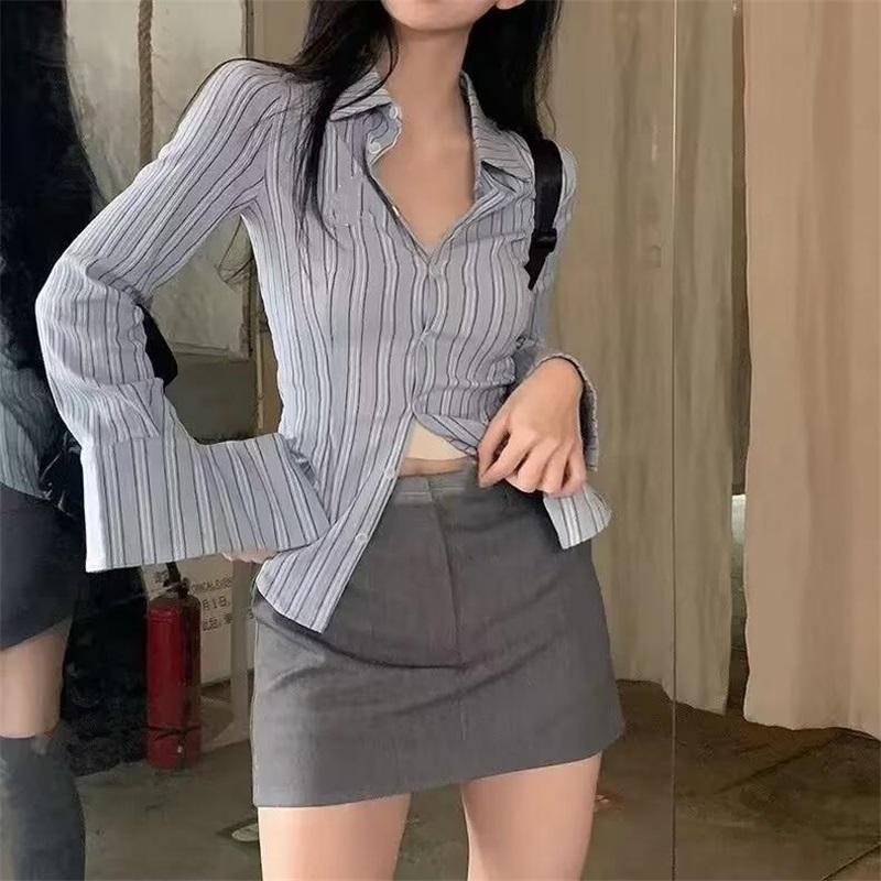 Women's Blue Striped Shirt Slim Fit Waist Design Ladies Blouse Spring and Autumn Casual Versatile Single Breasted Cardigan Top