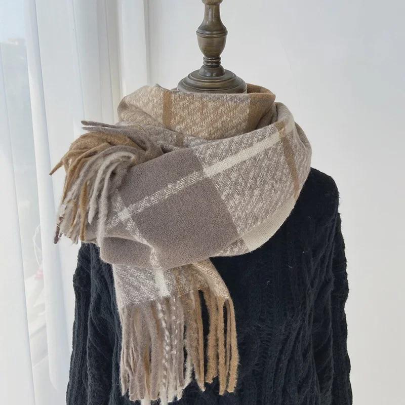 Korean Style Plaid Cashmere-Like Tassel Scarf for Women - Warm, Thick, and Ideal for Autumn and Winter