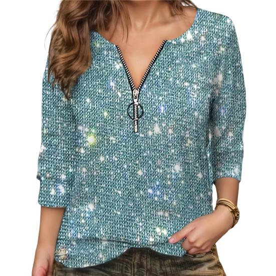 Женская рубашка с круглым вырезом на молнии с полузастежкой и длинным рукавом, пуловер, топы, сверкающие
