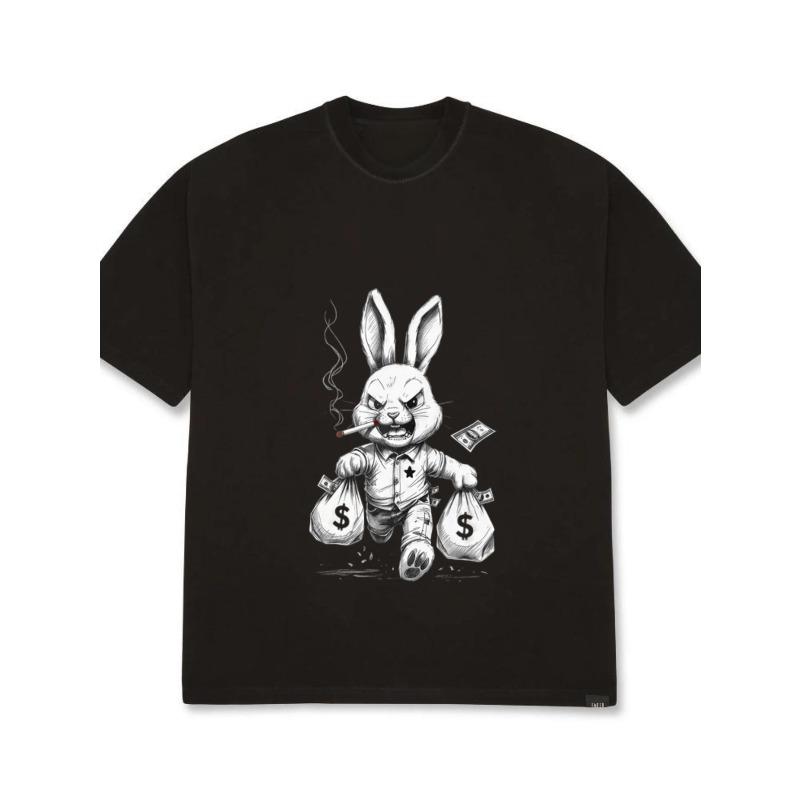 Men's Oversized T-Shirt Black Rabbit Money Bag Graphic Print Streetwear Casual Fashion Top for Daily Wear and Urban Style