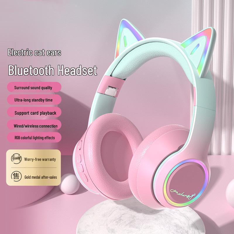 Светящиеся Bluetooth 5.3 Наушники с Кошачьими Ушками и Слотом для Карты для Игр и Онлайн-Занятий