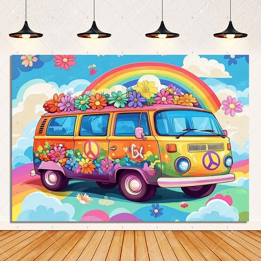 Colorful Hippie Bus Background Banner Bohemian Style Theme Backdrop Supplies Love And Peace Party Decorations Photography Props