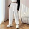 Women Long Pants Elastic High Waist Straight Wide Leg Casual Trousers with Pockets Solid Color Waffle Texture Sweatpants