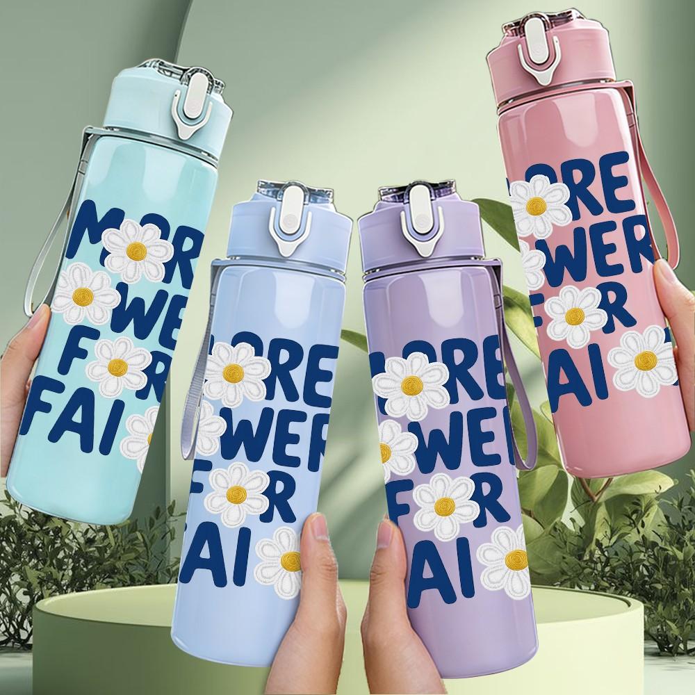 1PC More Flowers For Fair Text Print 750ml Color Plastic Sports Water Bottle Leakproof Flip Straw Lid Suitable for Sports Office Home Use