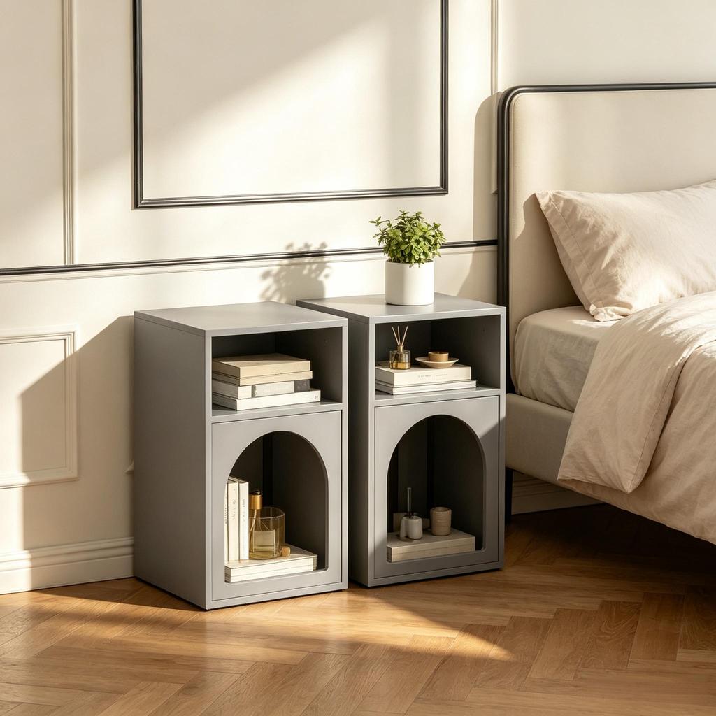 Set of 2 nightstands, bedside table with open compartments, curved design
