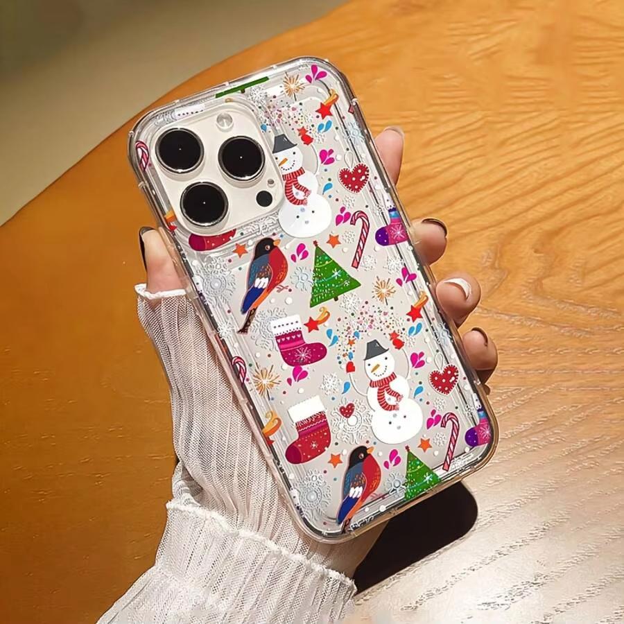 Мультяшный Рождественский Узор Чехол для Телефона Чехол для iPhone 17 16 15 14 Pro Max 13 12 11 XS X XR 7 8 Plus 16e 17 Air Прозрачный Чехол
