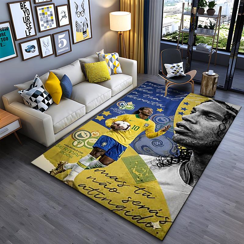 Sports Area Rug, Ronaldinho Brazil 10 World Cup 2006 Germany Vintage Poster, Fan Cave Decor, Non-Slip Mat