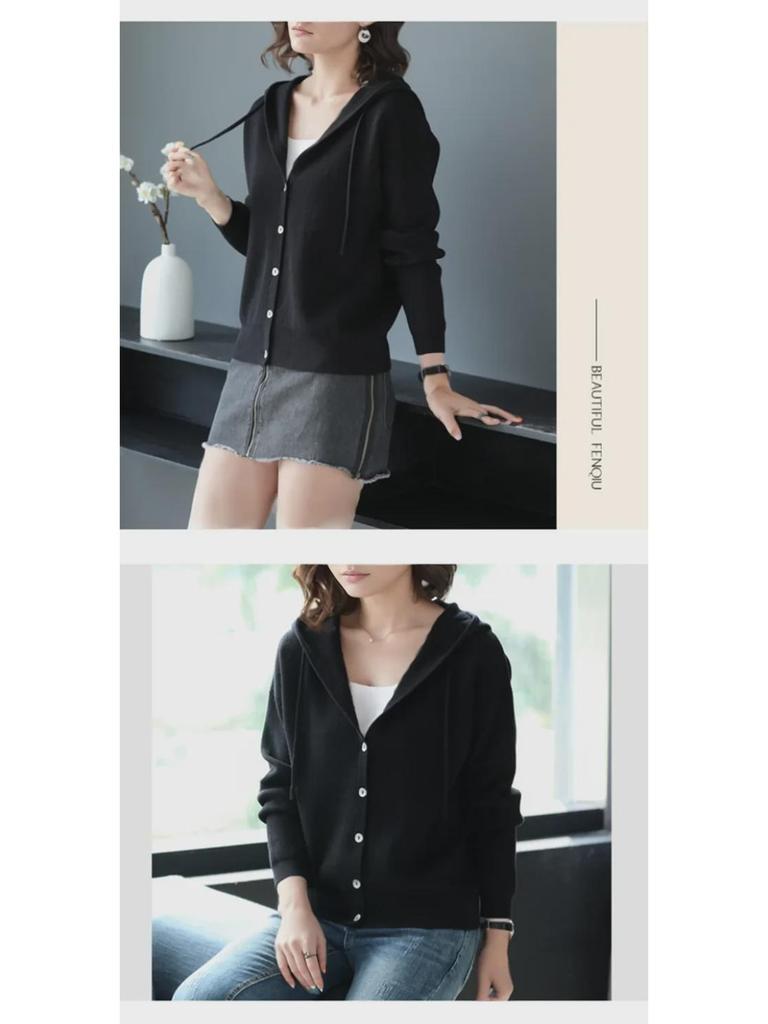 Женский вязаный кардиган с капюшоном — короткий и свободный для ранней весны/осени 2024 г.
