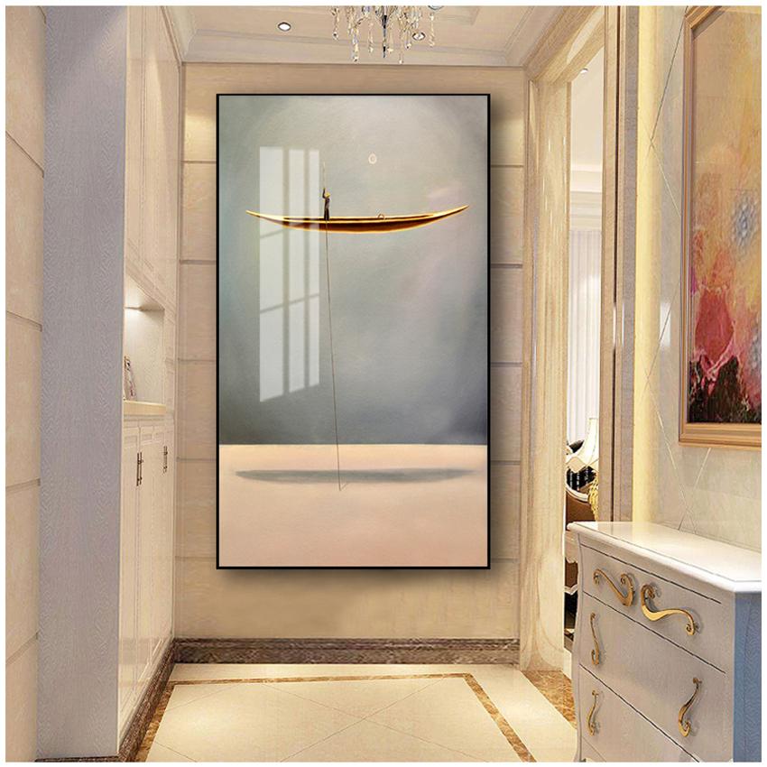 Принт Скандинавская Настенная Картина Декор в Гостиную Золотая Лодка Абстрактная Холст Картина Минималистичный Пейзаж Плакат