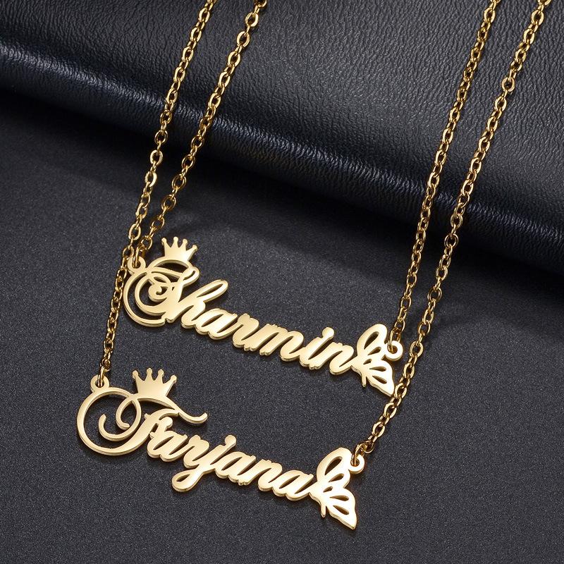 NEWNORTH Custom Name Necklace Stainless Steel Jewelry Personalized Custom Crown Double Name Pendant Couple Necklace for Women