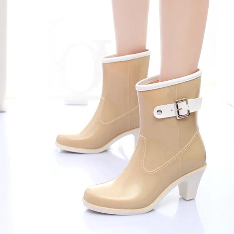 Fashion Women's Rain Ankle Boots Ladies Waterproof Woman Snow Boot Female Non-Slip High Heel Fashion Water Shoes Botas Mujer