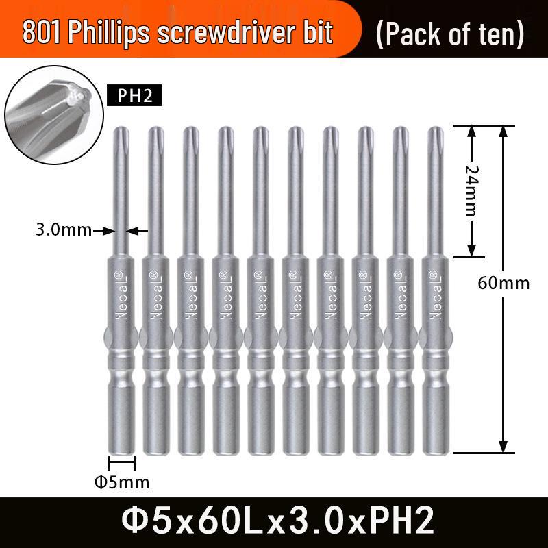 Насадка для электрической отвертки Nigao 801 Phillips, Сталь S2, Магнитная, Хвостовик 5 мм, Длина 60 мм/80 мм