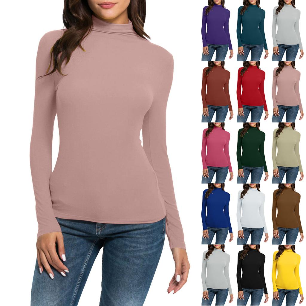 Women's Fashion Slim-Fit Stretch Base Layer Top Solid Colour Long-Sleeved Blouse