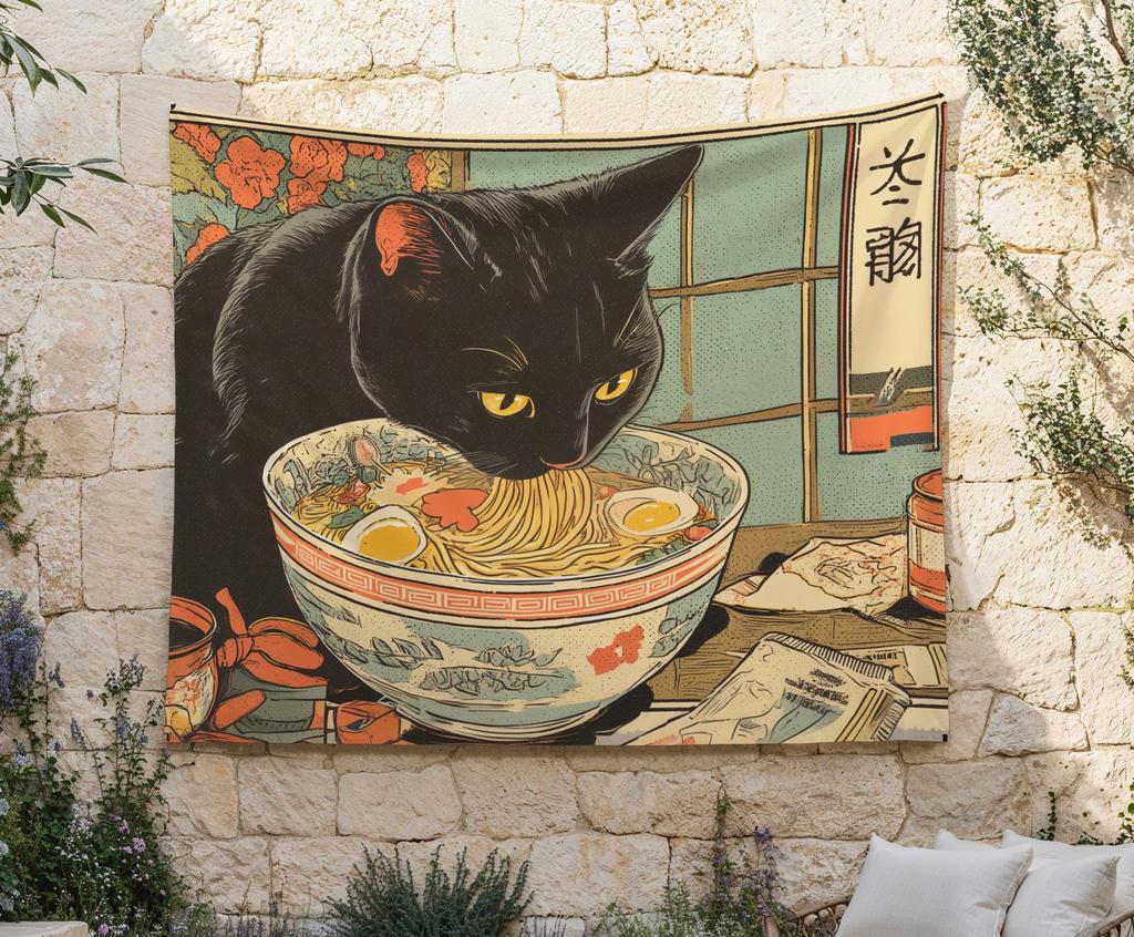 Japanese Ukiyoe Black Cat Lamian Noodles Tapestry Retro Hefeng Background Cloth Atmosphere Room Decoration