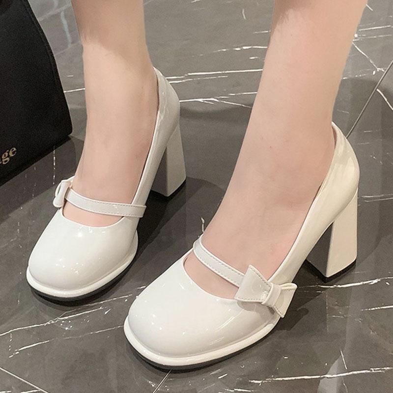 Туфли на высоком каблуке, женская мода, блочный каблук 8 см, бантовый ремешок, туфли Мэри Джейн, туфли-лодочки с квадратным носком, милые туфли в стиле Лолиты, свадебные туфли для невесты