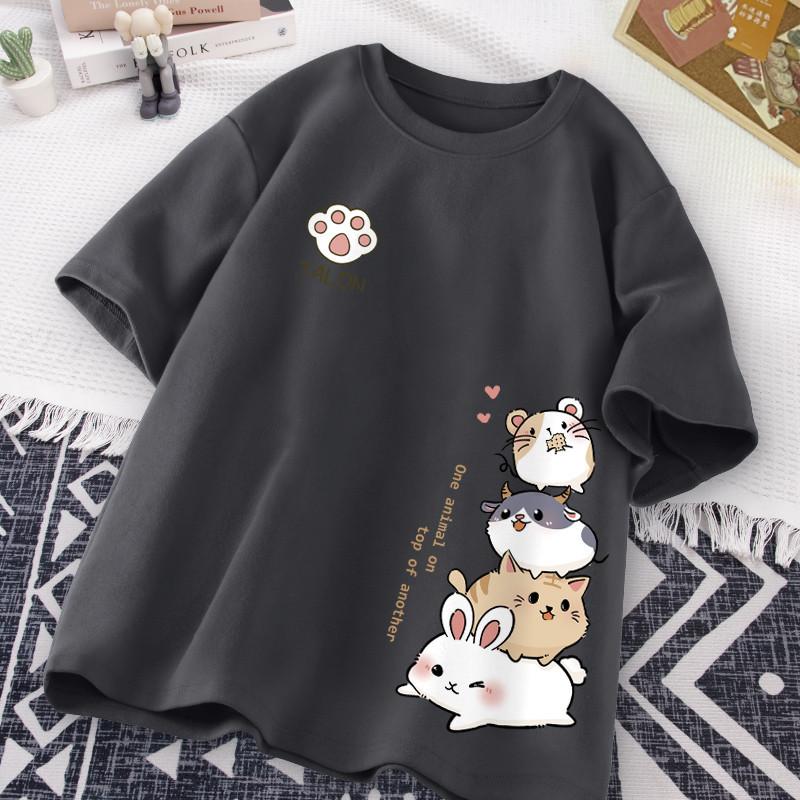Japanese Cute Hamster Style Sweet Print Daily Wear Short Sleeve T-shirt Women's Loose Casual Teenage Student Half Sleeve Top
