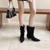 2025 Autumn and Winter New European and American Style Matte Suede Stacking Boots Hand-tied Pointed V-mouth Thick Heel Short Boots