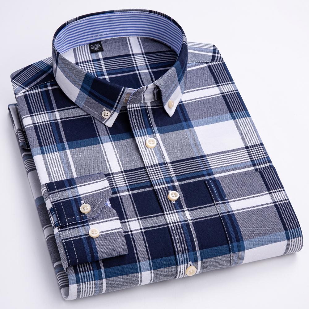 Men's Plaid Checkered Long Sleeve Oxford Woven Shirt Single Patch Pocket 100% Cotton Standard-fit Versatile Casual Shirts
