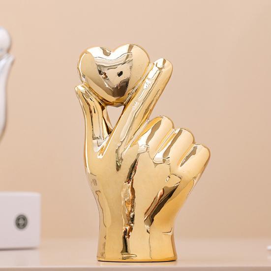 Жест любви Статуэтка одной руки Керамическая скульптура руки в форме сердца Золотисто-серебристое настольное украшение для гостиной, спальни, книжной полки, рабочего стола