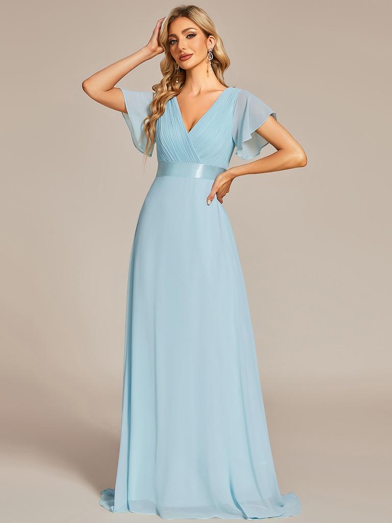 Ever-Pretty Women's Double V-Neck Empire Waist Floor Length Chiffon Evening Dresses with Short Flutter Sleeves