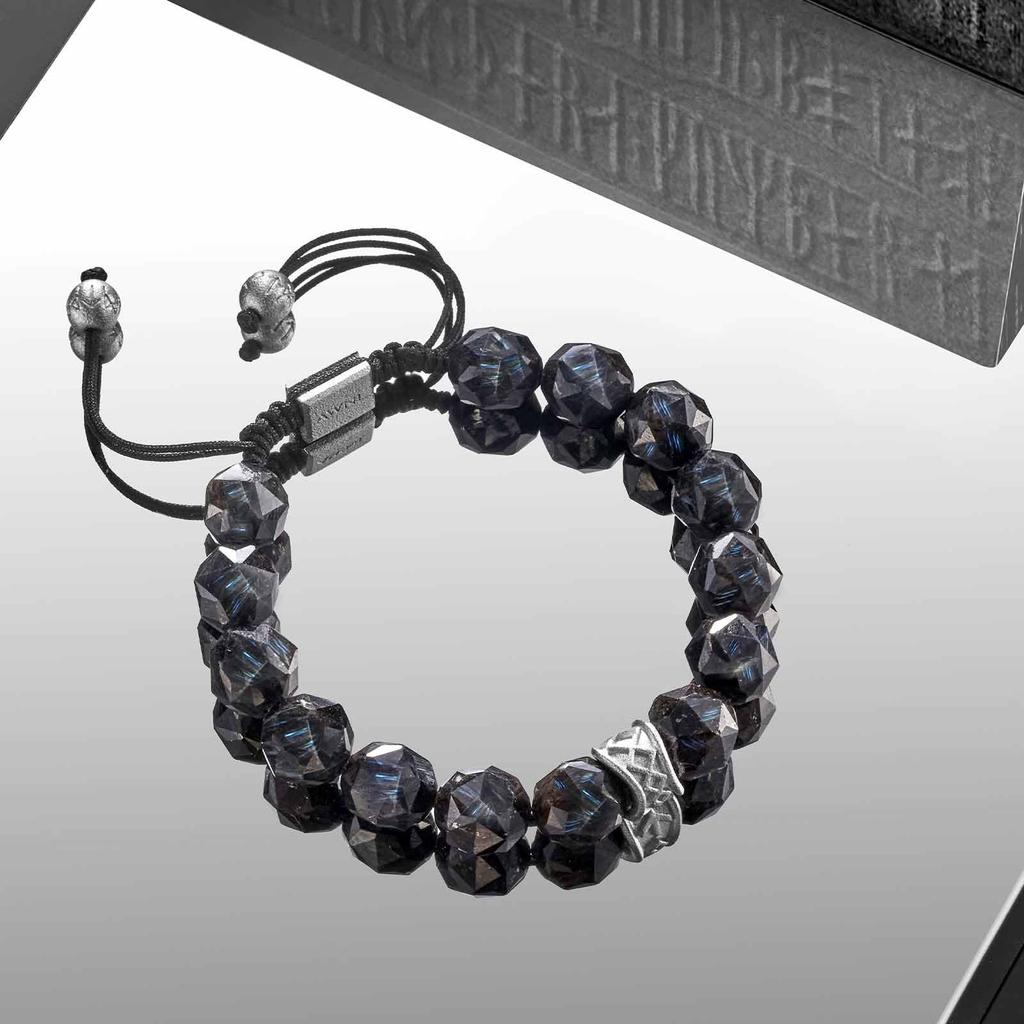 AWNL Braided Black Natural Stone Bracelet with Nuumite Ancient 10mm Men's Stone, Beads, Drawstring, Amulet, 15.5-17cm