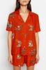 Women's Fashion New Pajama Set Dark Rose Animal Patterned Viscose Shirt-Shorts Woven Pajama Set