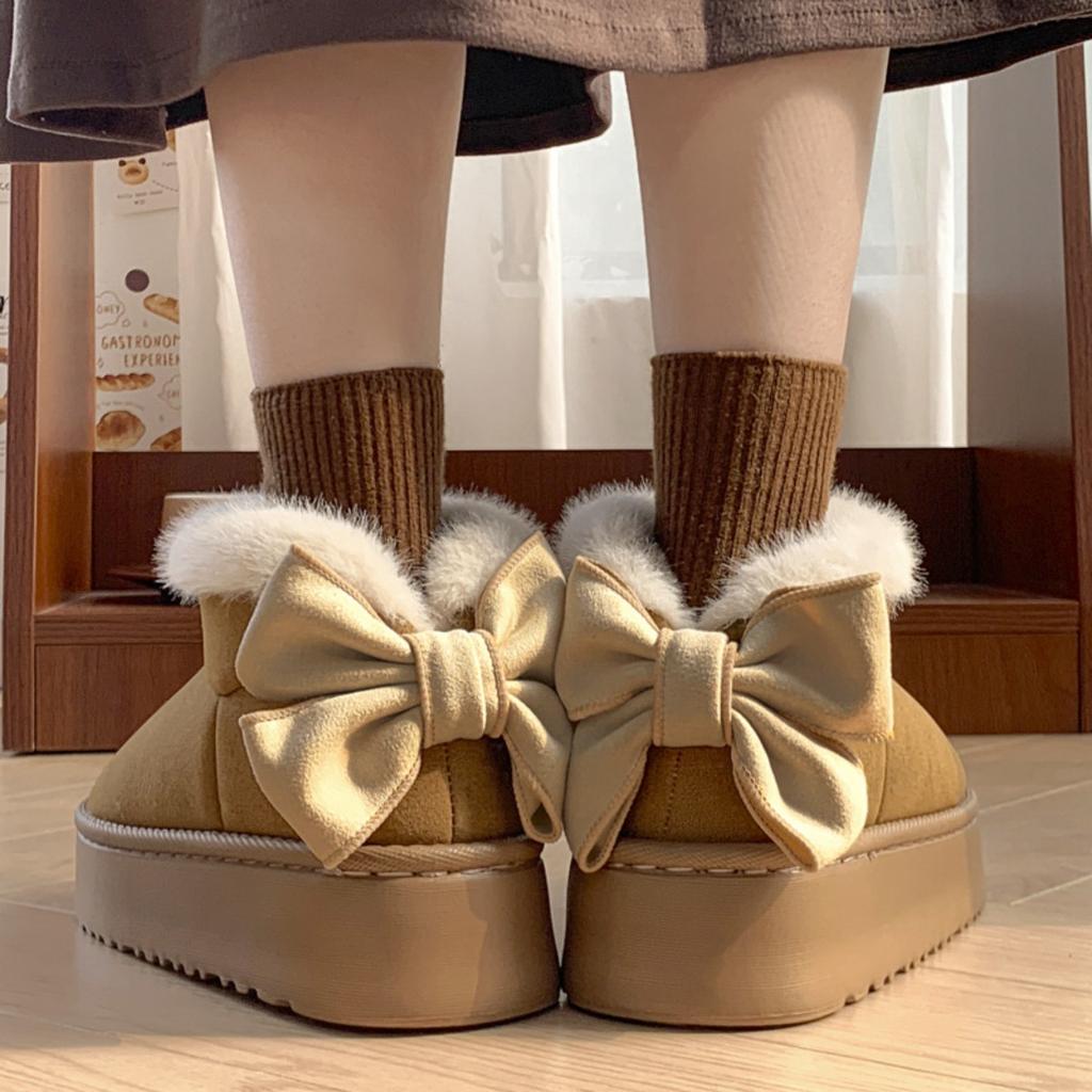 Мешковатые туфли с волосатым ртом и хлопковые туфли с узлом-бабочкой для женщин на зиму, на толстой подошве, увеличивающие рост, универсальные и плюшевые теплые зимние ботинки