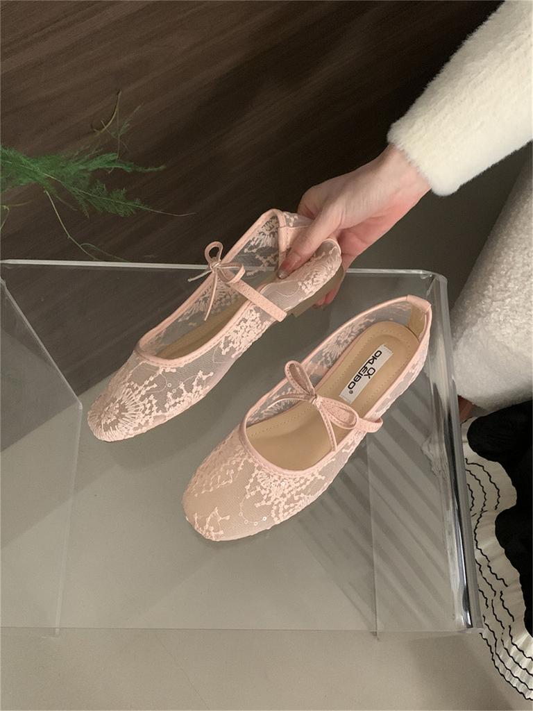 Gentle Evening Breeze Bow Ballet Shoes Girl 2025 New Fairy Hollow Mesh Lace Embroidered Shoes Single Shoes